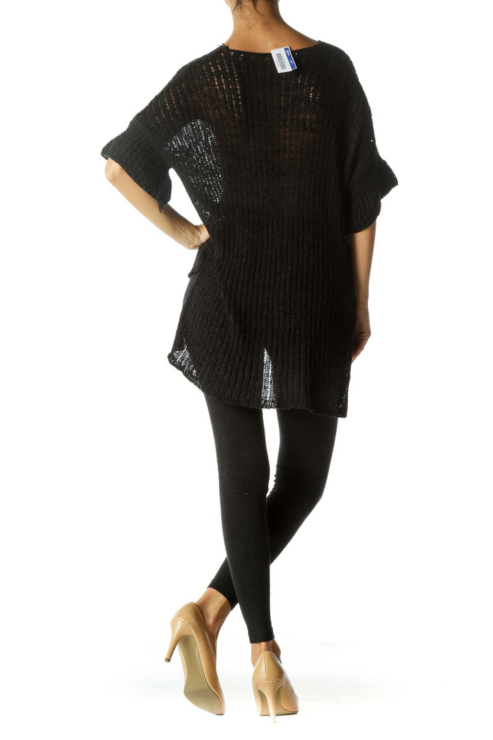 Black Knitted-Stretch Fabric Short Sleeve See-Through Top