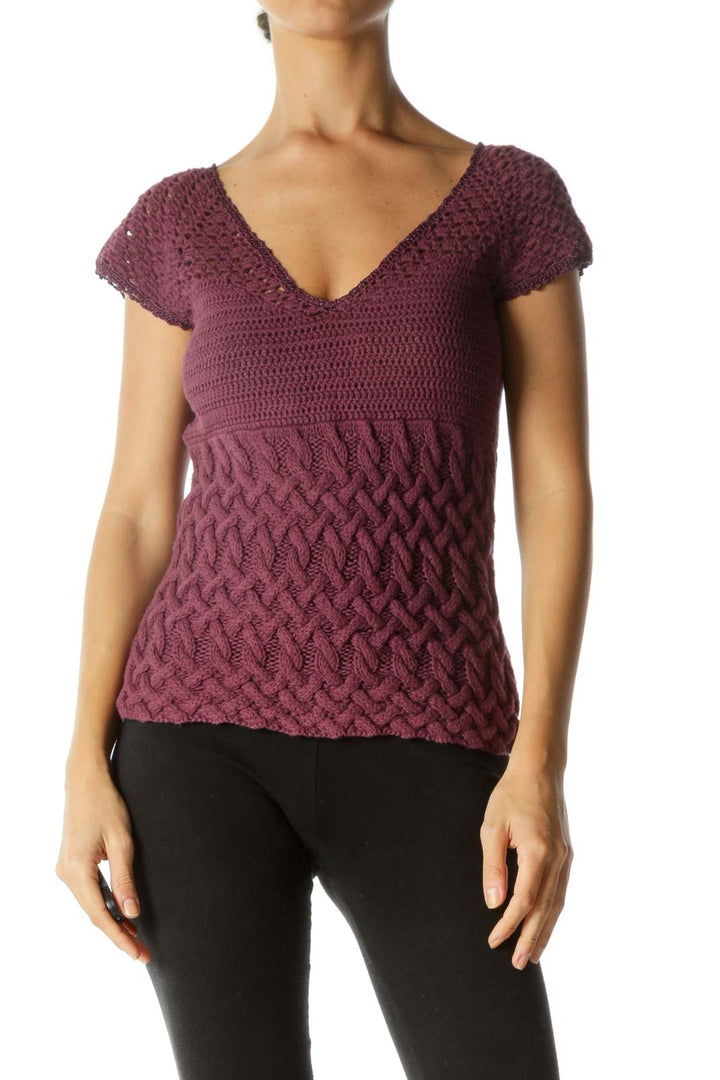 Purple V-Neck Lace Trim Detail Varying Knit Patterns Top