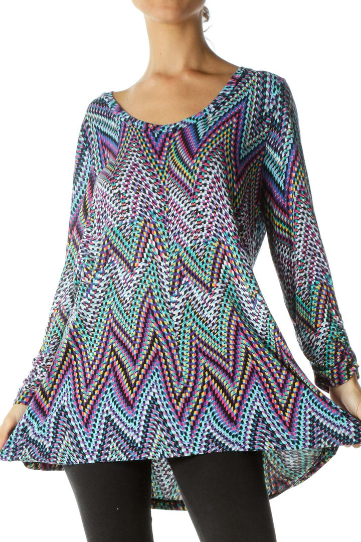 Multicolored Round Neck Print Scrunch Detail Stretch Top