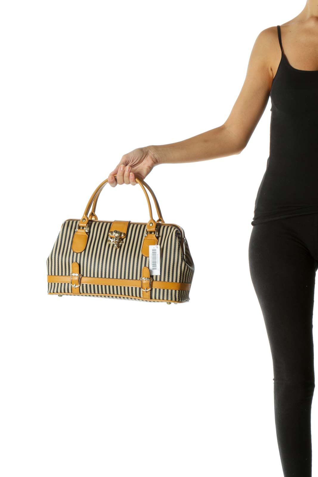 Beige and Black Striped Satchel