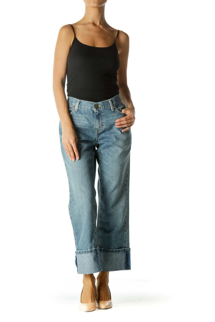 Blue Medium Washed Cuffed Cropped Jeans