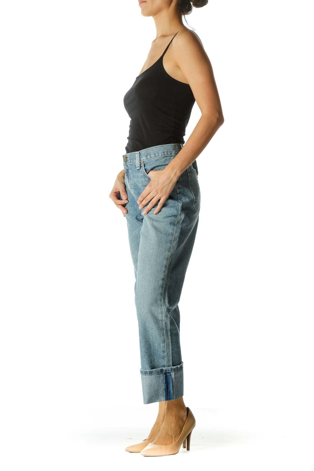 Blue Medium Washed Cuffed Cropped Jeans