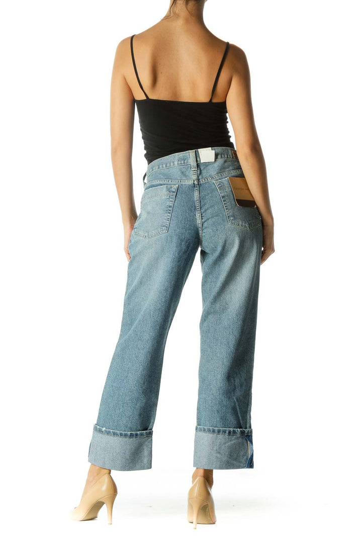 Blue Medium Washed Cuffed Cropped Jeans