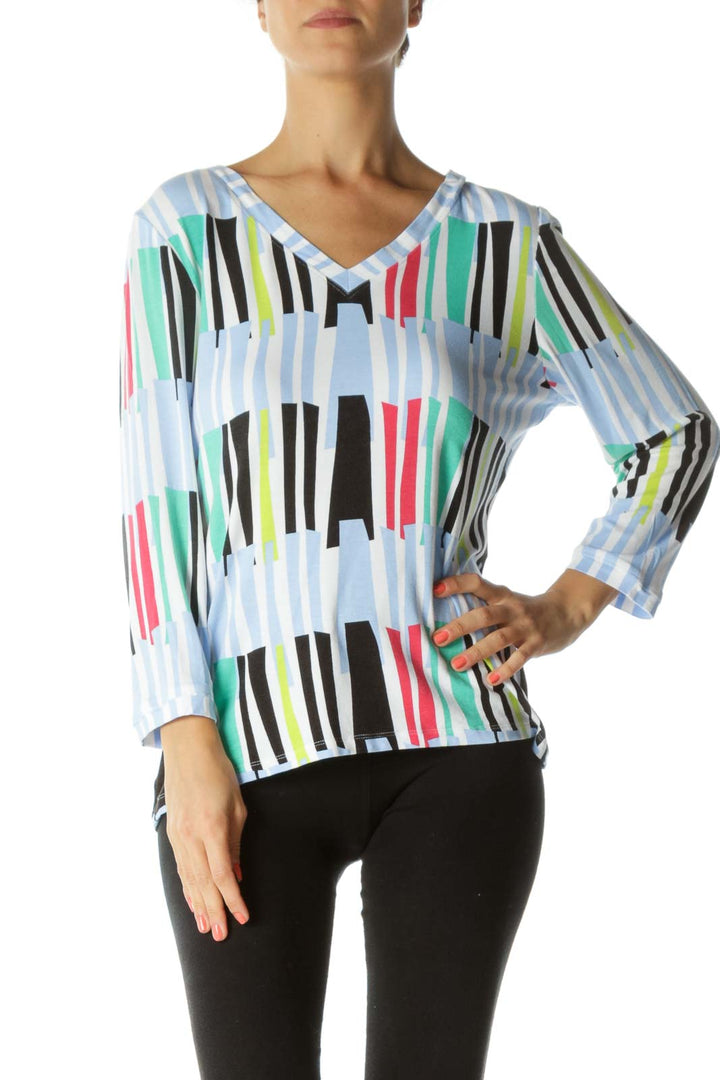 Multicolored V-Neck Front and Back Print 3/4 Sleeve Top