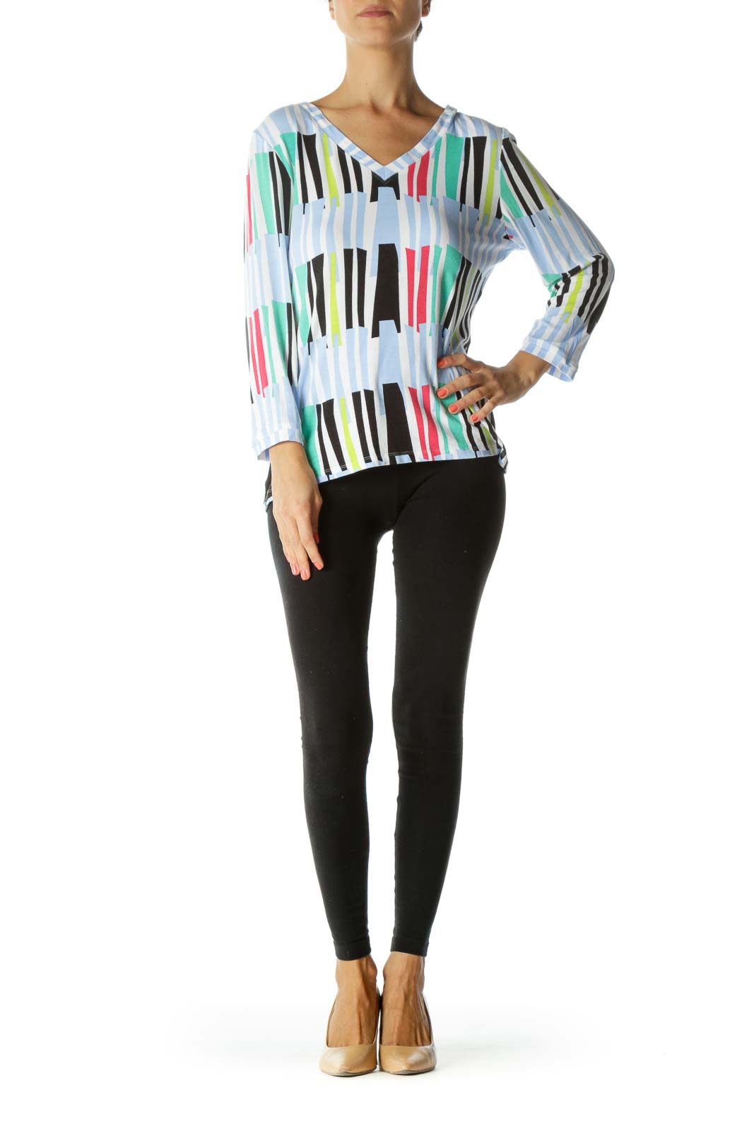 Multicolored V-Neck Front and Back Print 3/4 Sleeve Top