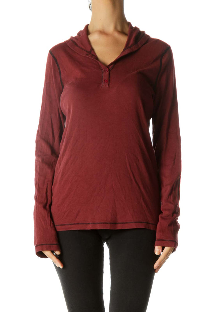 Burgundy Black Supima Cotton Blend Hooded Stretch Long Sleeve Top