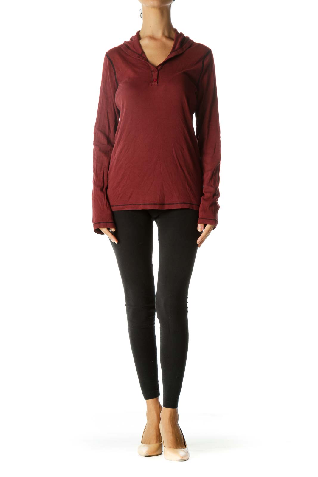 Burgundy Black Supima Cotton Blend Hooded Stretch Long Sleeve Top