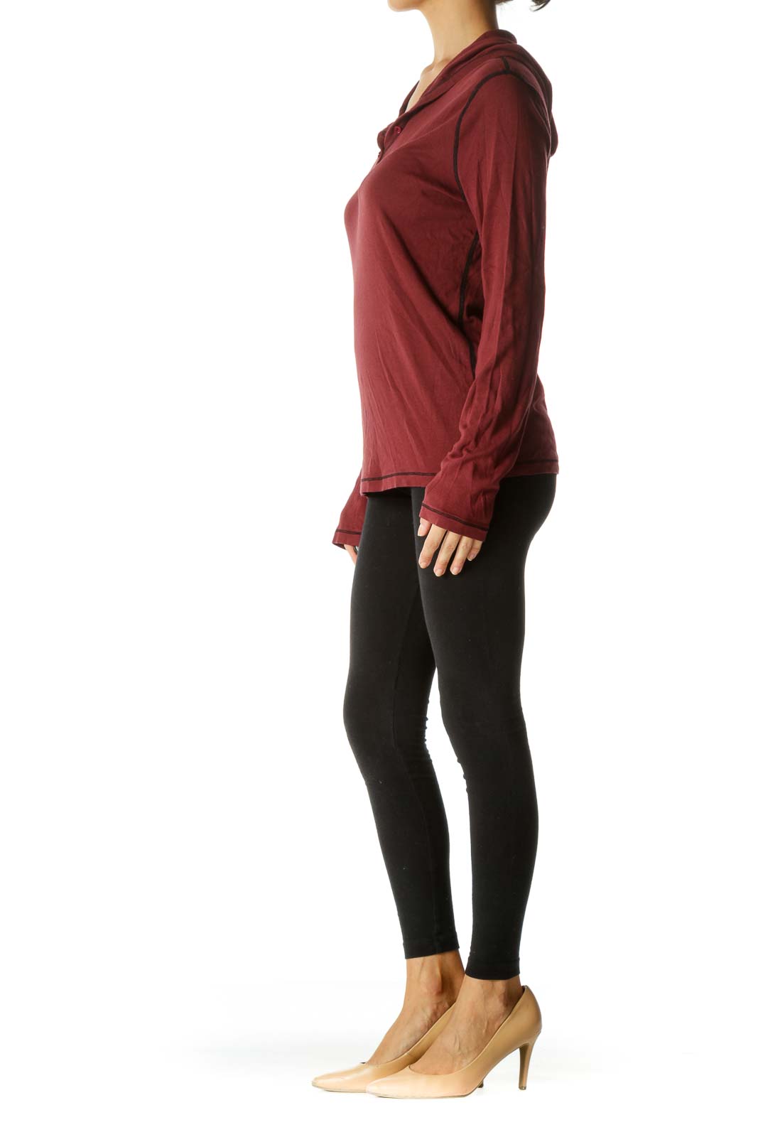 Burgundy Black Supima Cotton Blend Hooded Stretch Long Sleeve Top