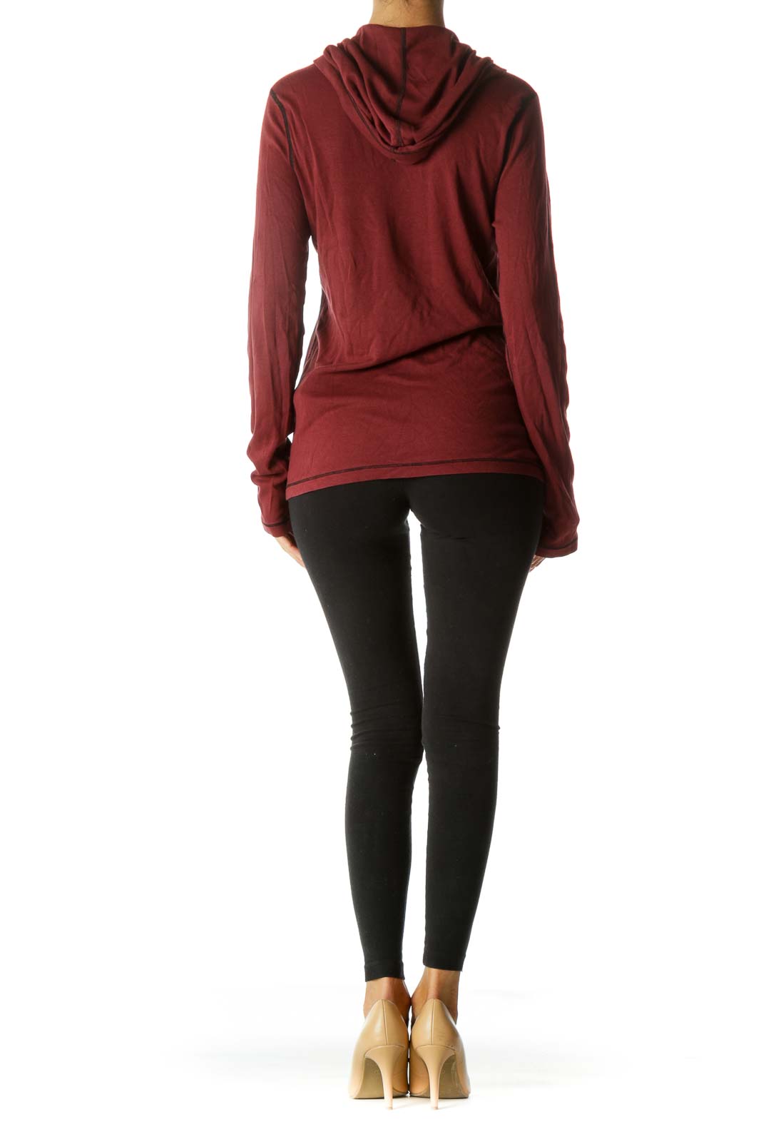 Burgundy Black Supima Cotton Blend Hooded Stretch Long Sleeve Top