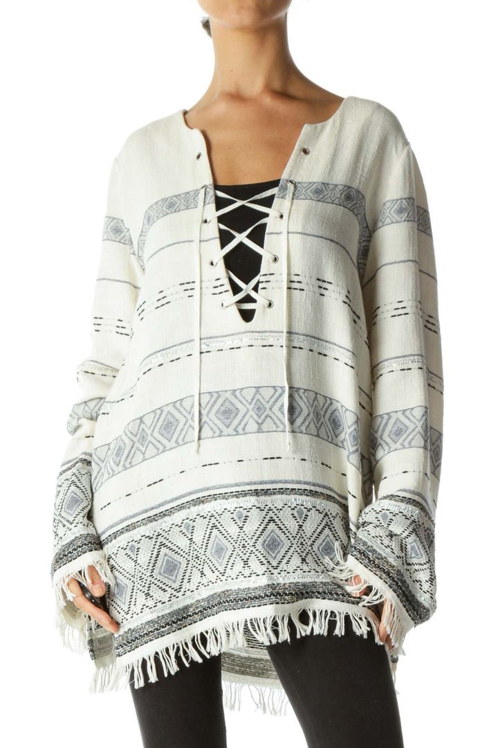 Cream Blue Black Knit Crisscross Fringe Long Sleeve Top