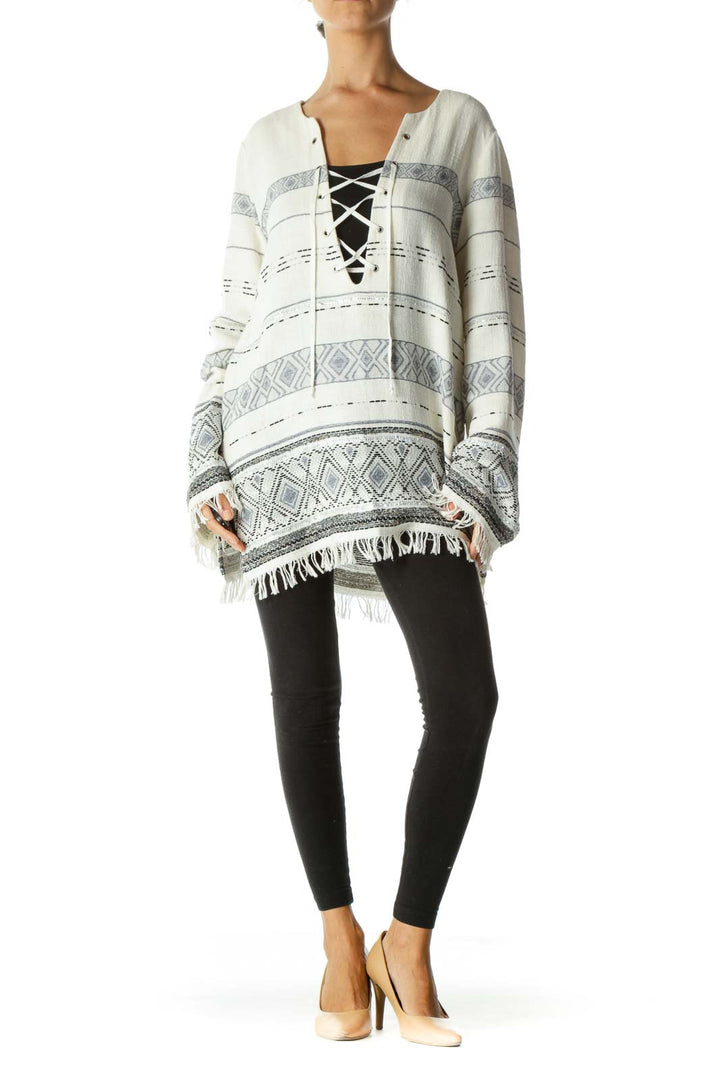 Cream Blue Black Knit Crisscross Fringe Long Sleeve Top