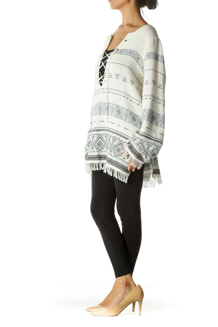 Cream Blue Black Knit Crisscross Fringe Long Sleeve Top