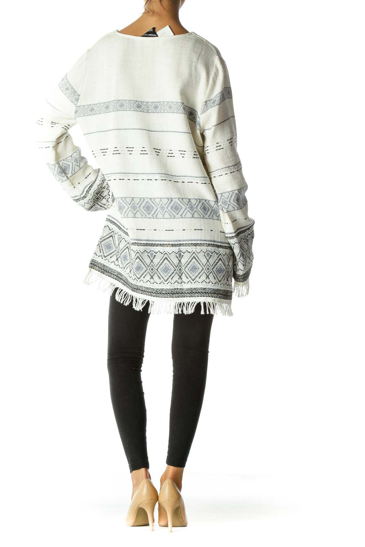 Cream Blue Black Knit Crisscross Fringe Long Sleeve Top