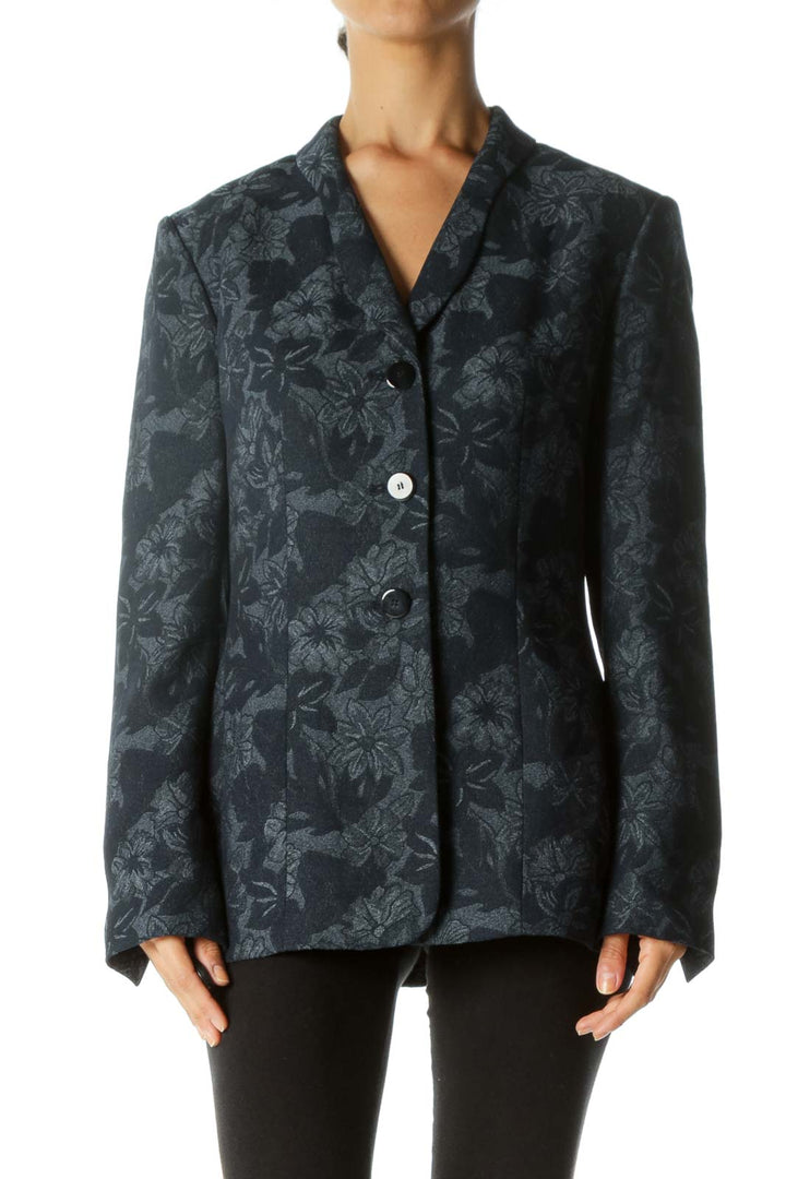 Blue White Floral Jacquard Padded Shoulders Blazer