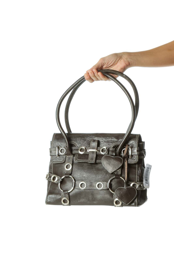 Dark Brown Shoulder Bag with Heart Hardware