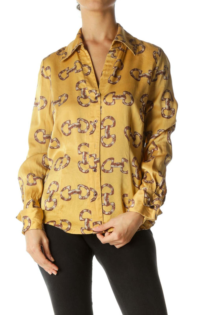 Gold Brown 100% Silk Print Long Sleeve Buttoned Shirt