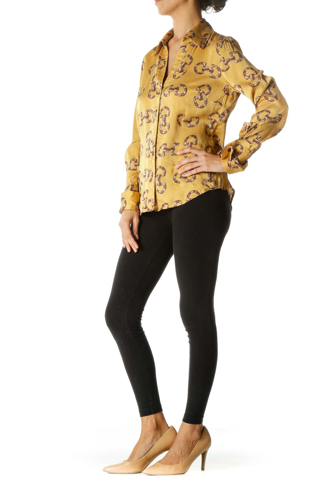 Gold Brown 100% Silk Print Long Sleeve Buttoned Shirt