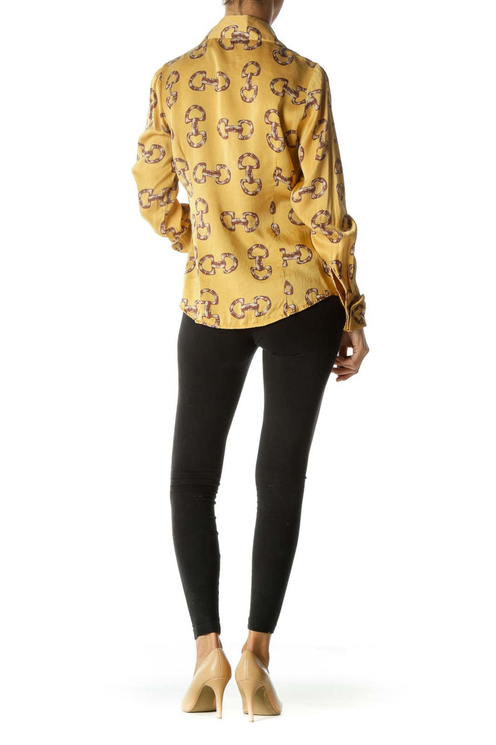 Gold Brown 100% Silk Print Long Sleeve Buttoned Shirt