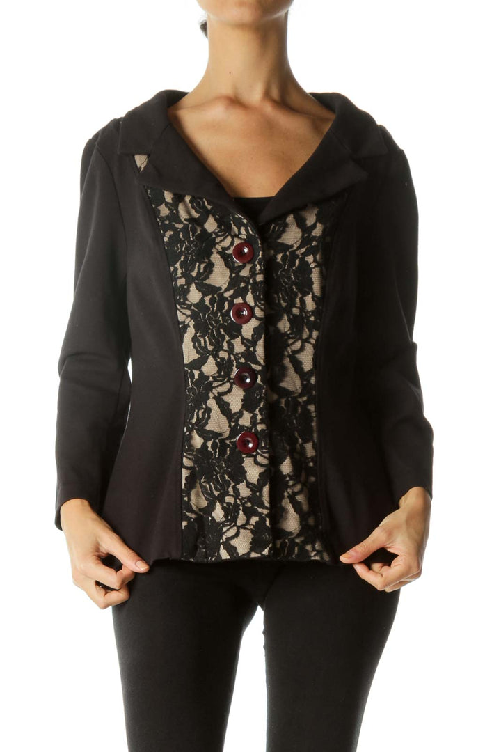 Black Beige Floral Lace Burgundy Buttons Mixed Media Soft Blazer