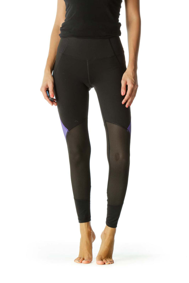 Black Purple Mesh Mixed-Media Sports Leggings with Inside Hip Pocket