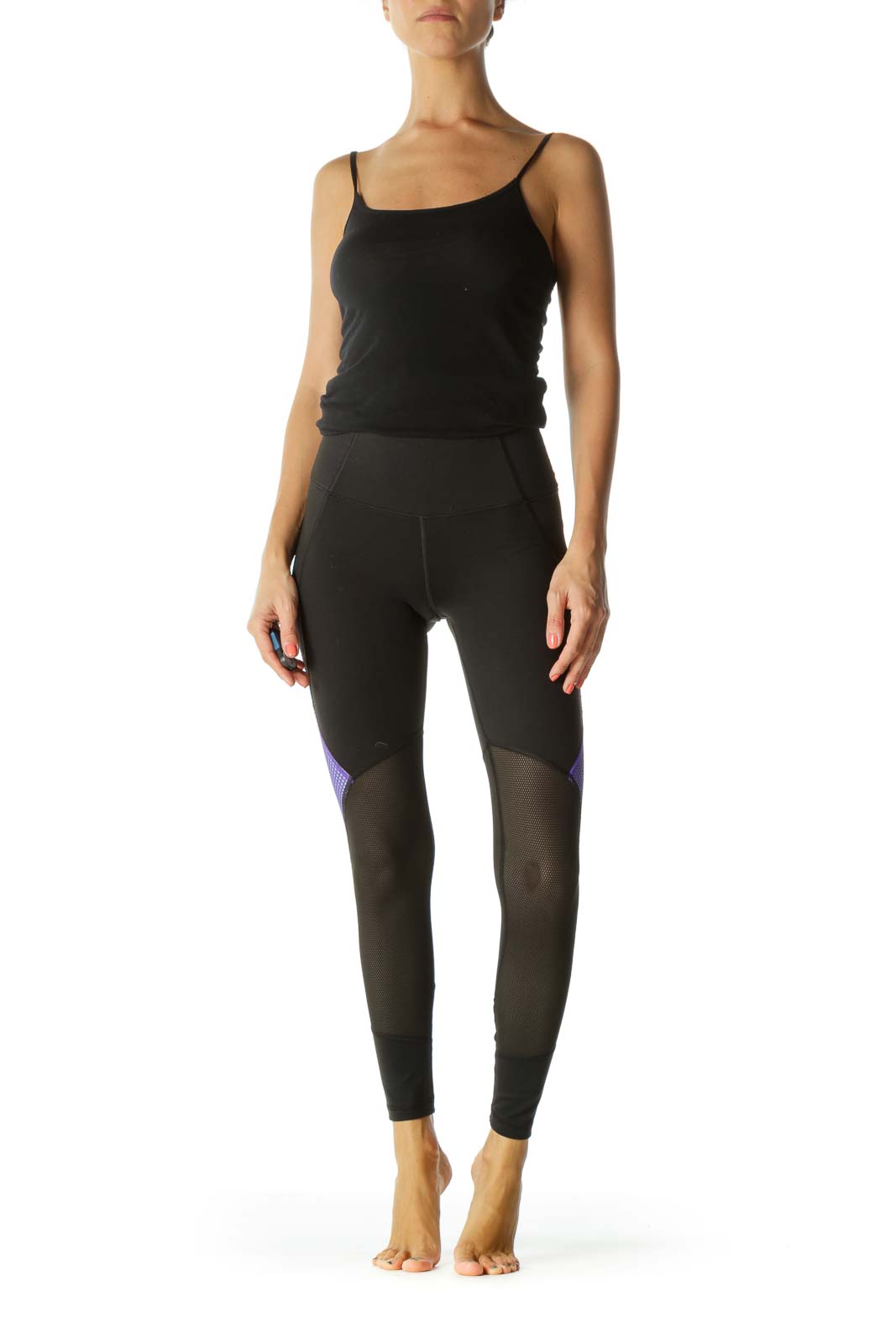 Black Purple Mesh Mixed-Media Sports Leggings with Inside Hip Pocket