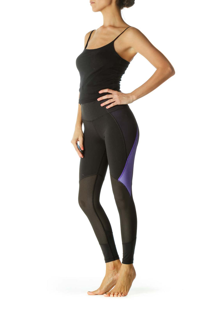 Black Purple Mesh Mixed-Media Sports Leggings with Inside Hip Pocket