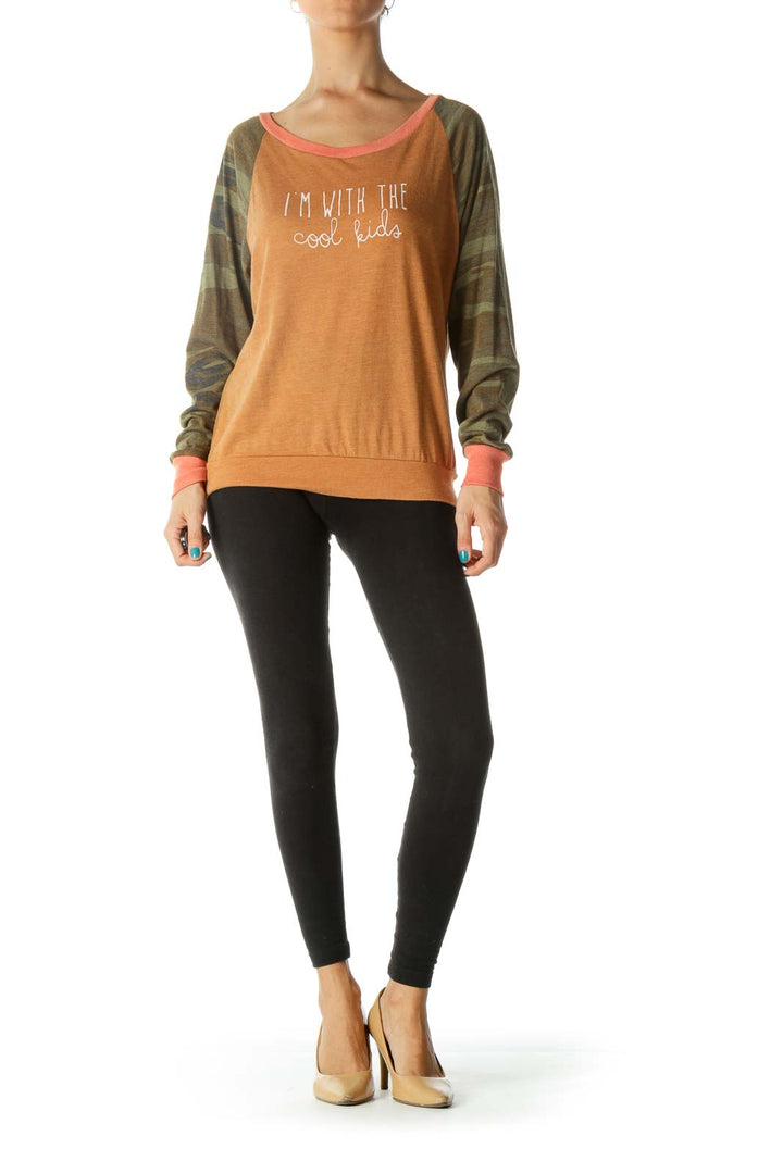 Green Orange Camouflage Sleeves-Print Graphic Stretch Light Sweater