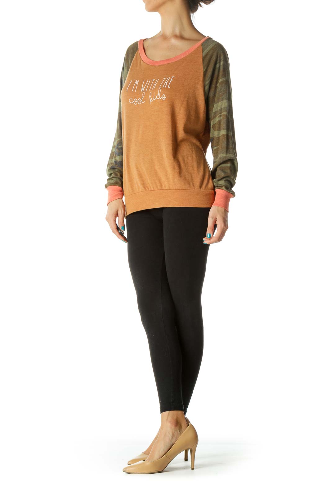 Green Orange Camouflage Sleeves-Print Graphic Stretch Light Sweater