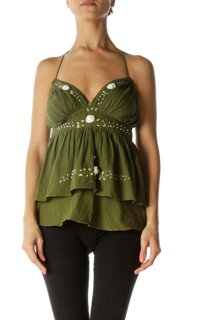 Green 100% Cotton V-Neck Floral Embroidery Flared Top