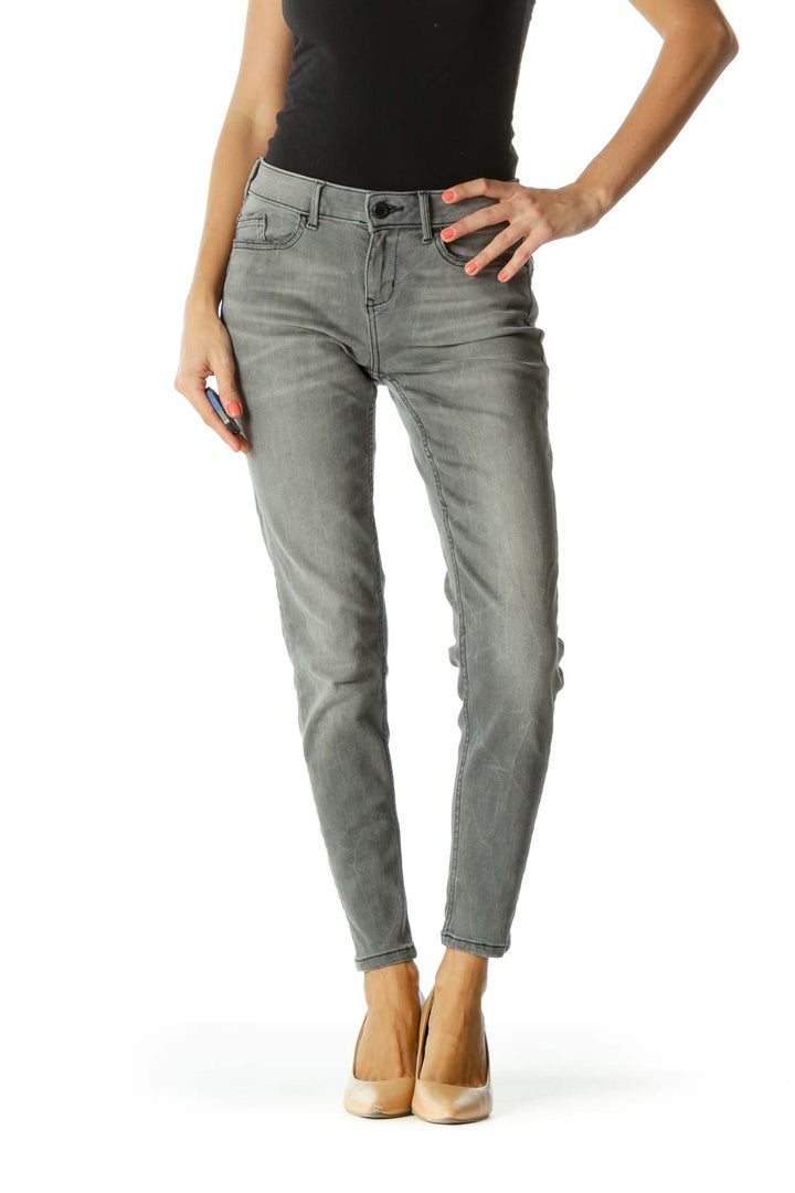 Gray Black Slight Pocket Distressing Zipper-Ankle Detail Stretch Pants