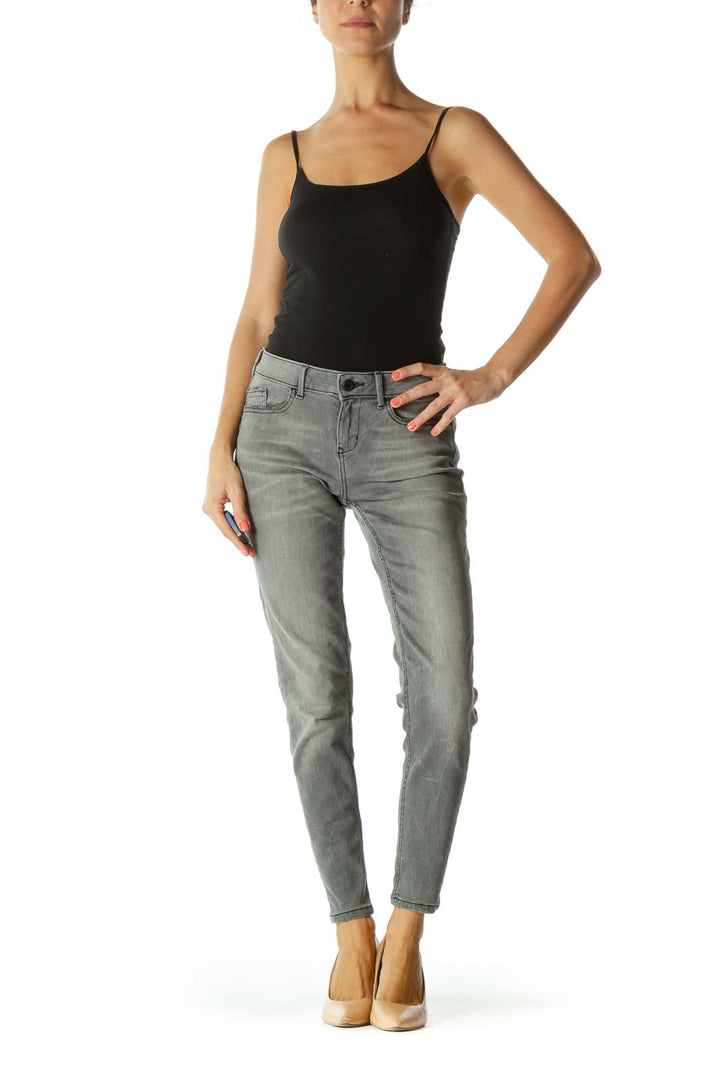 Gray Black Slight Pocket Distressing Zipper-Ankle Detail Stretch Pants