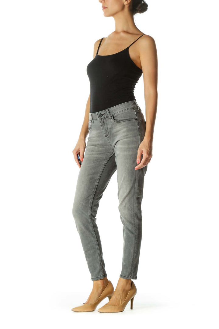 Gray Black Slight Pocket Distressing Zipper-Ankle Detail Stretch Pants