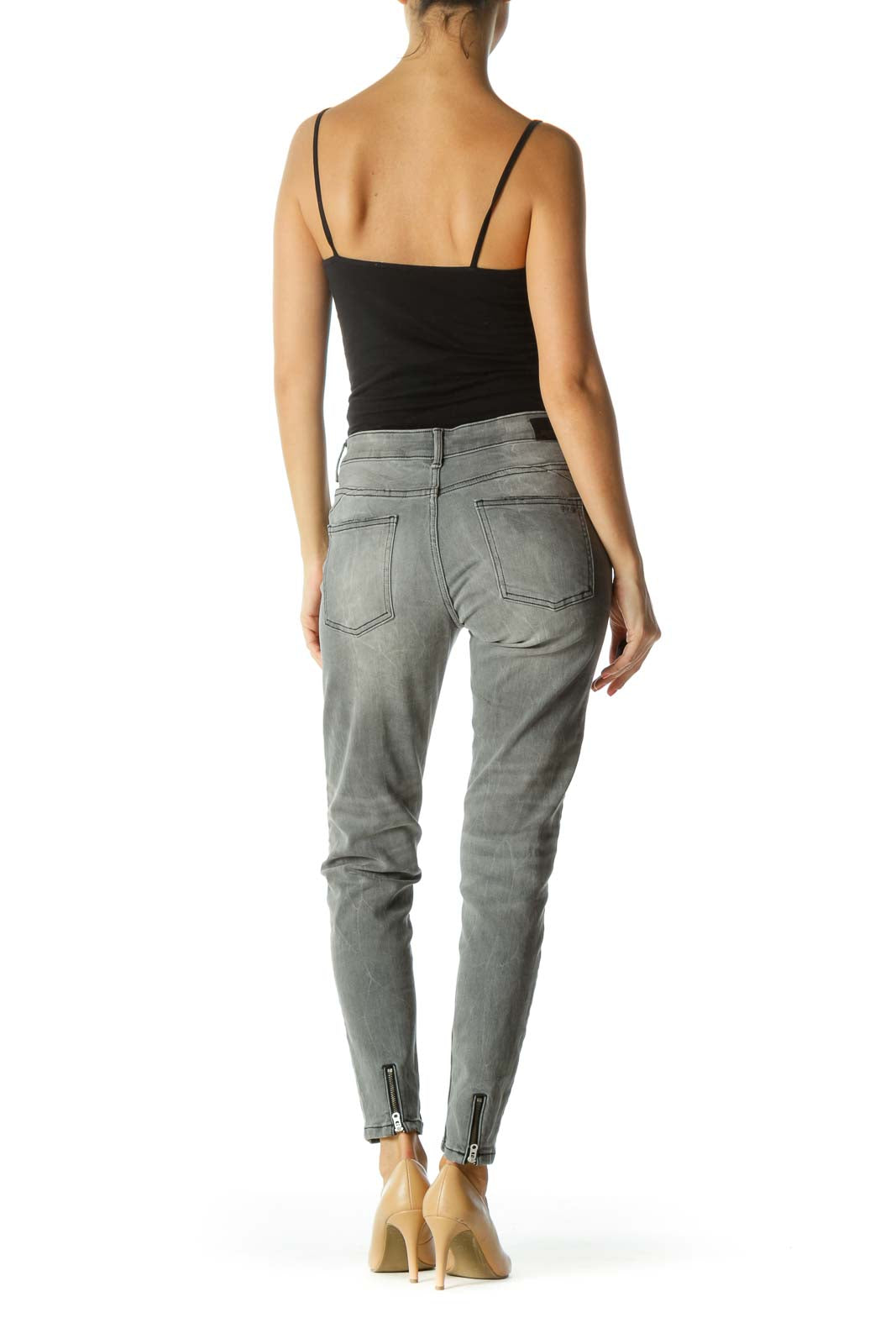 Gray Black Slight Pocket Distressing Zipper-Ankle Detail Stretch Pants