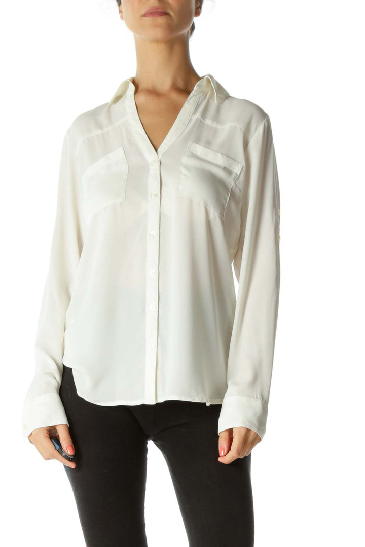 Cream Translucent Roll-Up Sleeves Pocketed Shirt