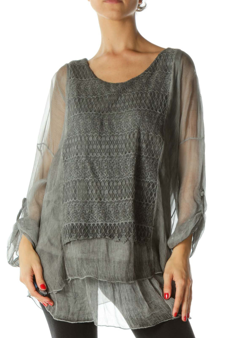 Gray Silk Crocheted Long Sleeves Blouse