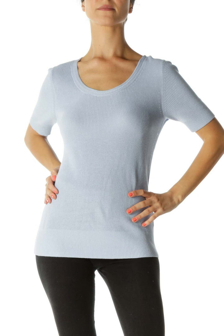 Light Blue Round Neck Short-Sleeve Stretch Knit Top