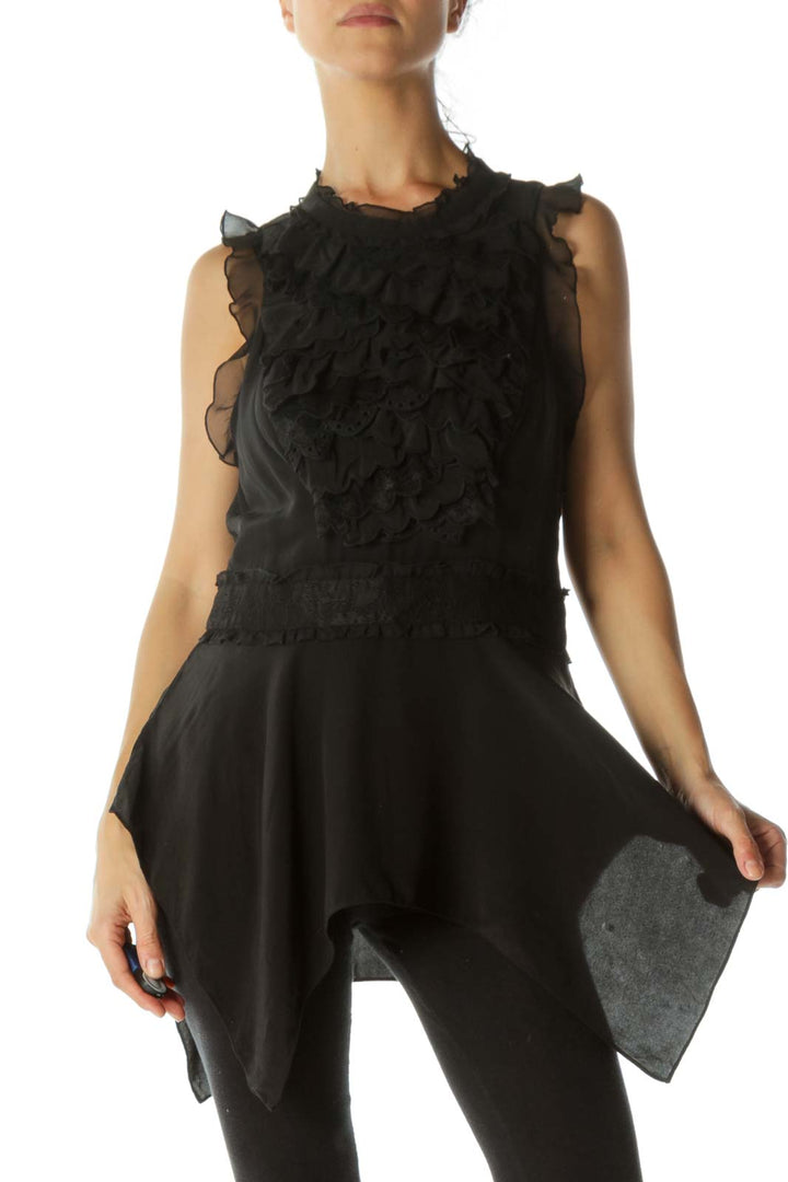 Black Lace Ruffled High Neck Blouse