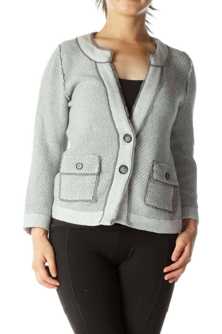 Gray Metallic Pocketed Tweed Cardigan