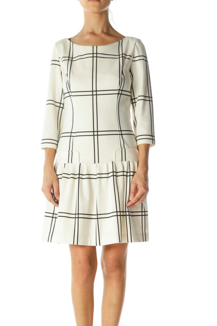 Black Cream Plaid Pleated-Skirt Long Sleeve Stretch Dress