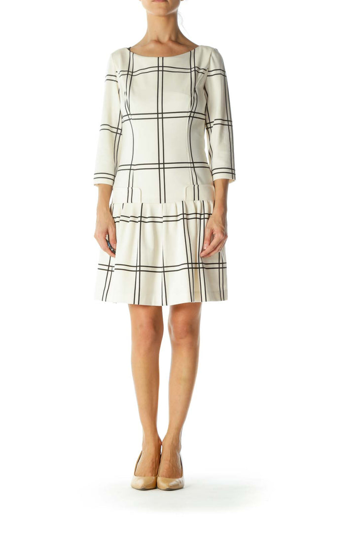 Black Cream Plaid Pleated-Skirt Long Sleeve Stretch Dress