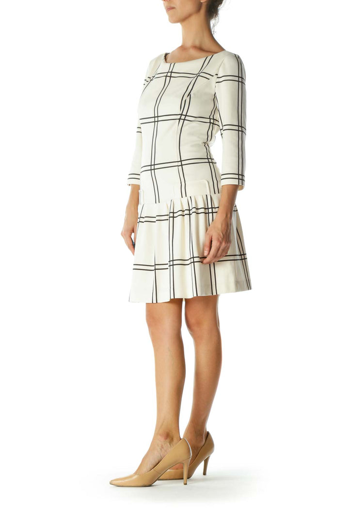 Black Cream Plaid Pleated-Skirt Long Sleeve Stretch Dress