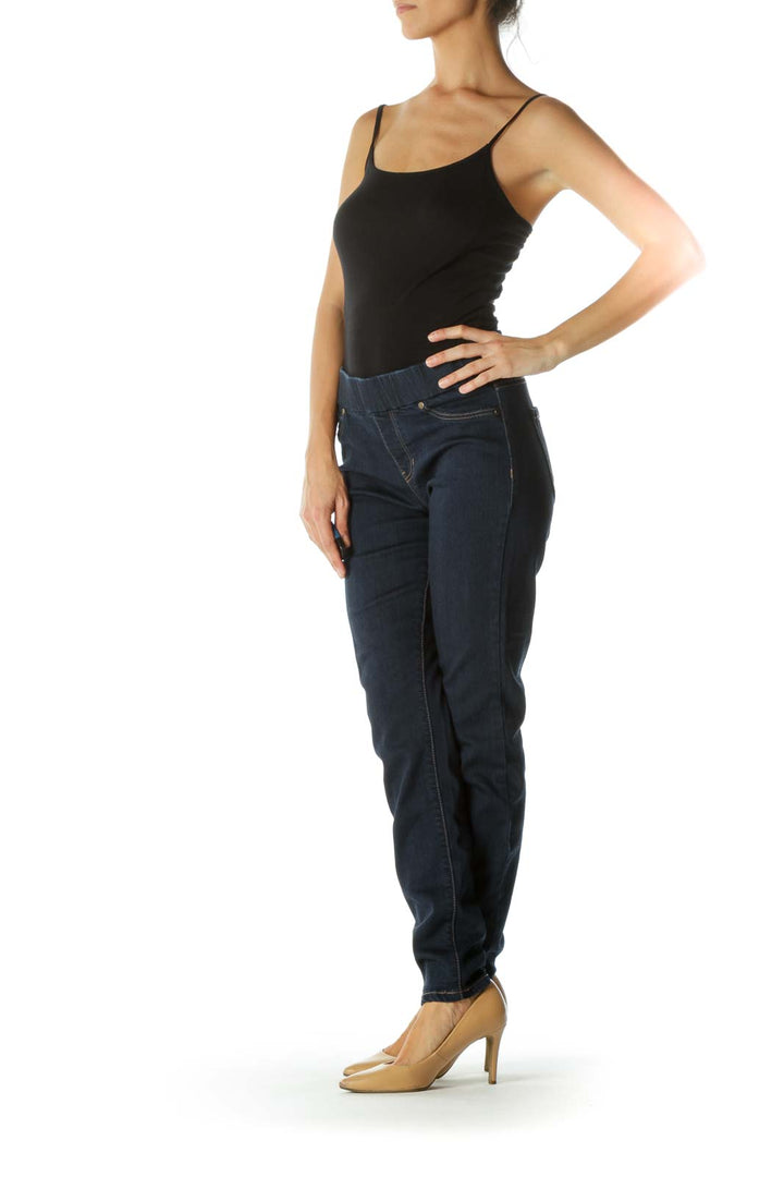 Blue Dark-Wash Elastic Waist-Band Faux-Front-Pockets Denim Legging