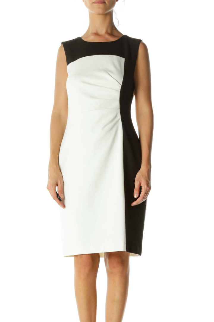 Black Cream Color Block Stretch Side Scrunch-Detail Work Dress