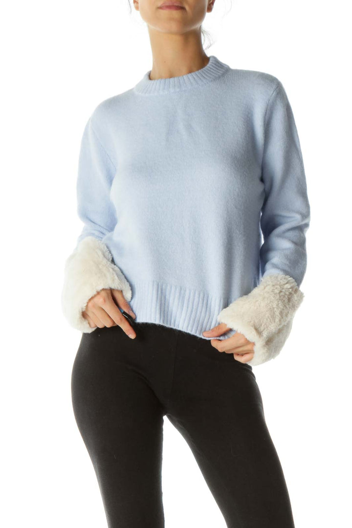 Baby Blue Knit Sweater with Cream Fur Cuffs