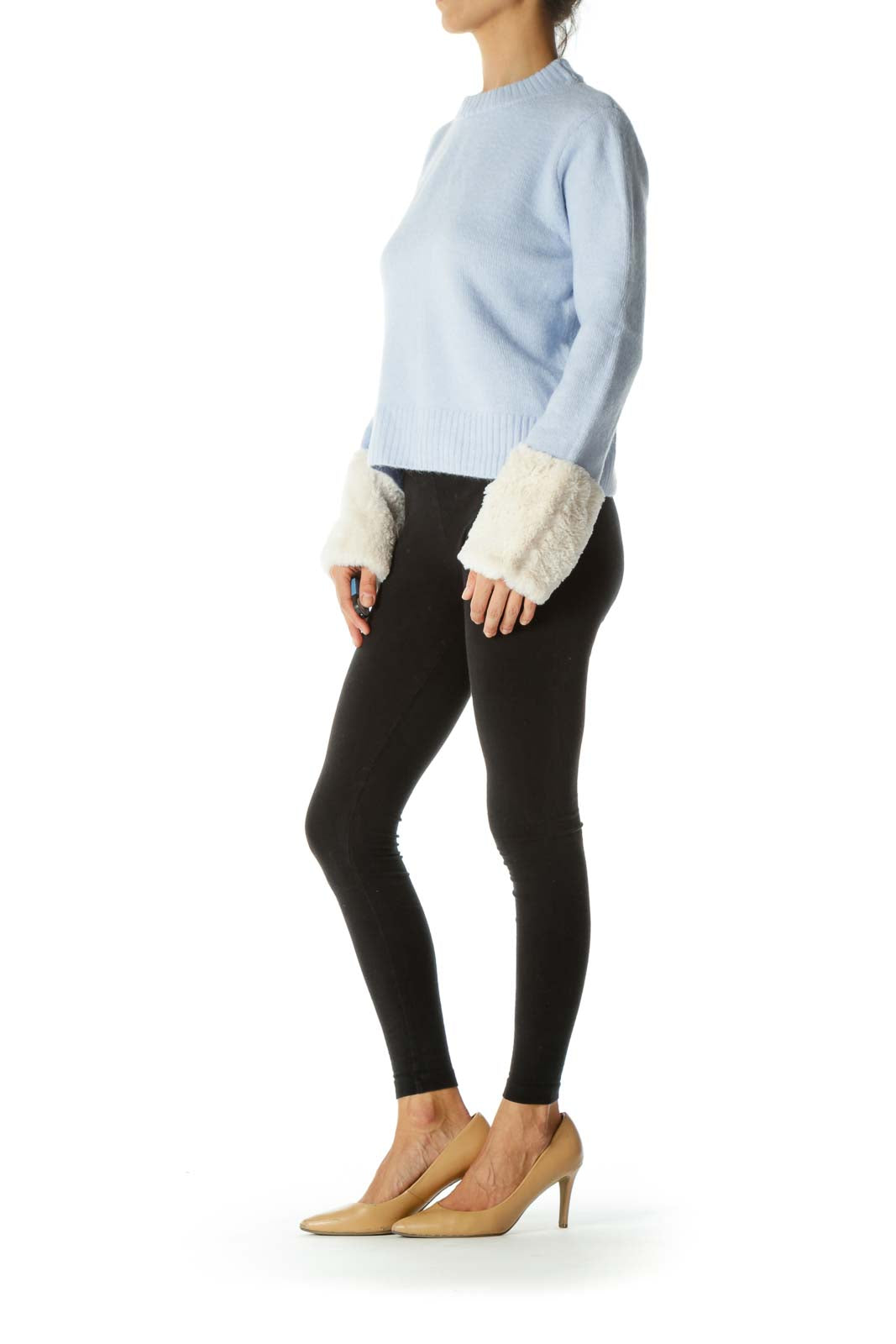 Baby Blue Knit Sweater with Cream Fur Cuffs