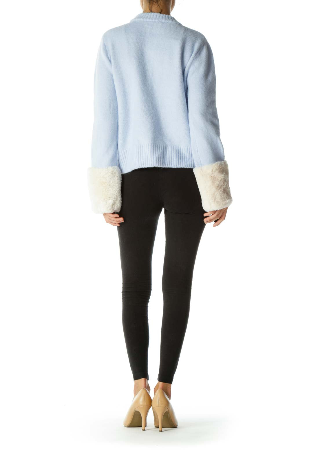 Baby Blue Knit Sweater with Cream Fur Cuffs