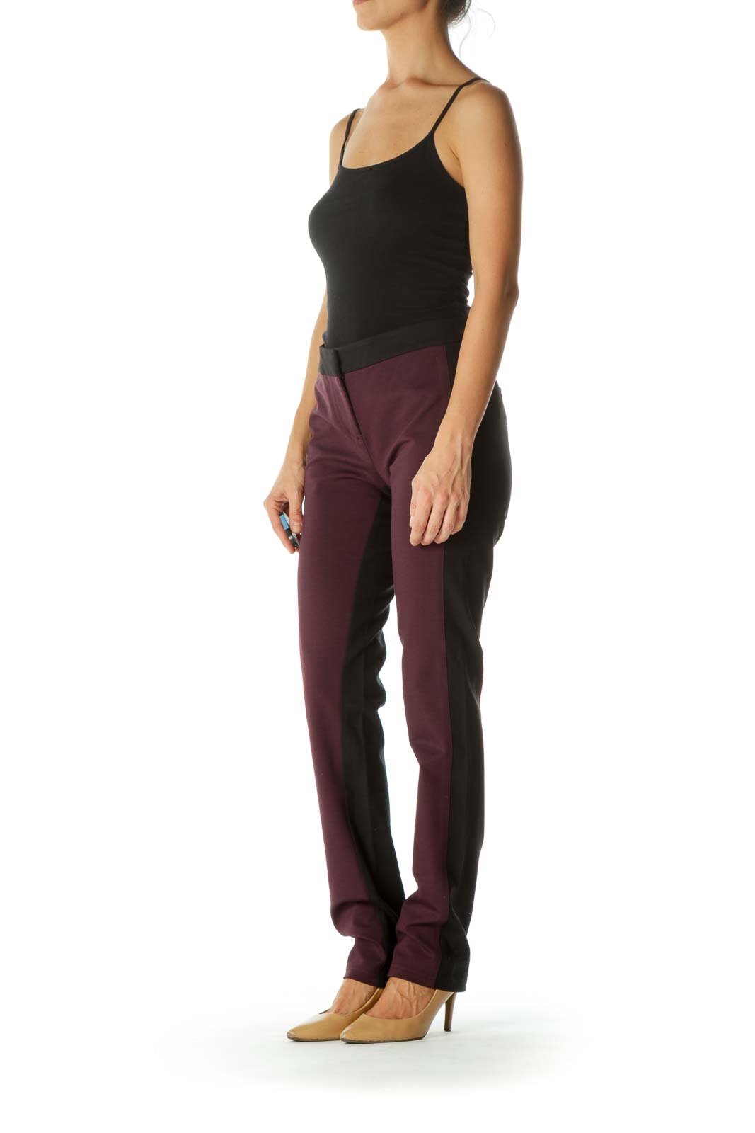 Black Burgundy Color Block Slim-Fit Straight-Leg Stretch Pants