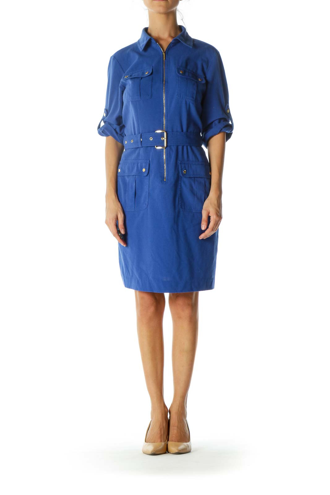 Royal Blue Gold Pocketed Zippered Stretch Roll-Up Sleeves Belted Dress