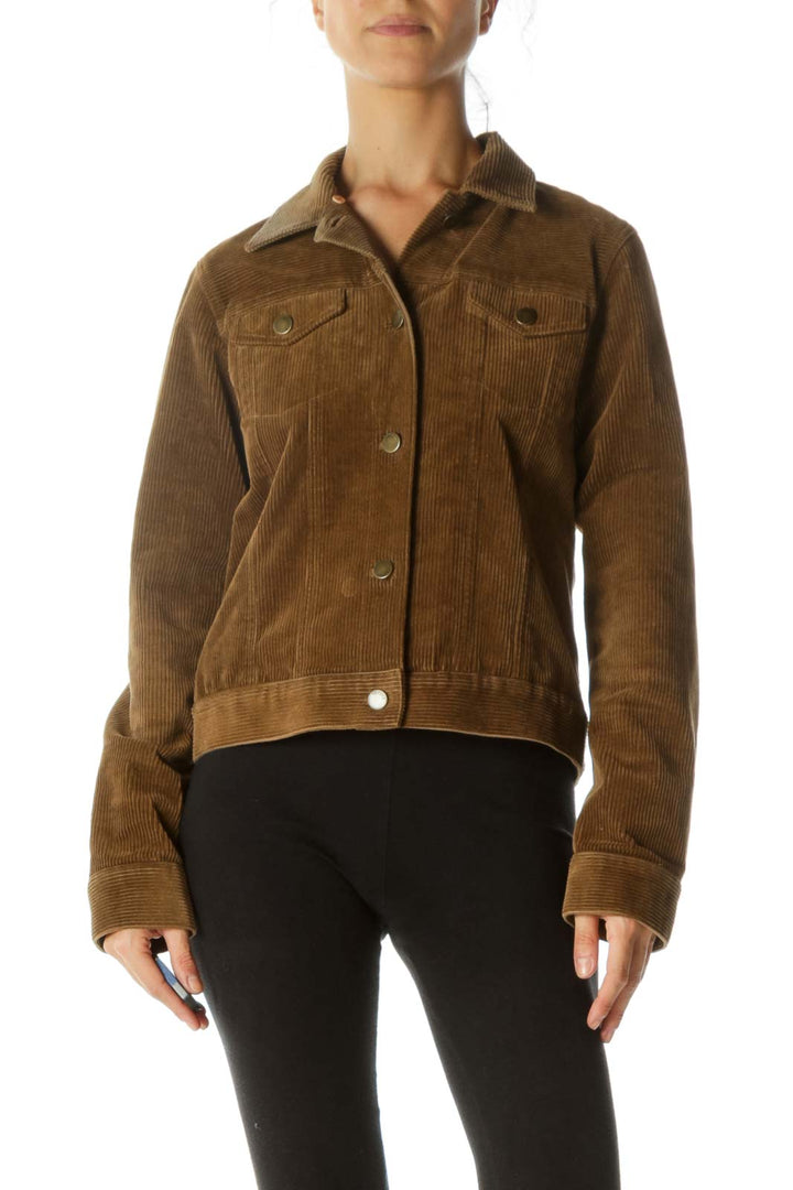 Brown Ribbed Textured Button Jacket