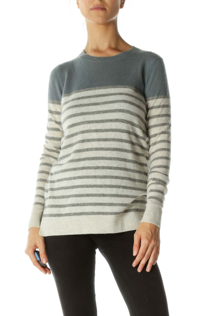 Gray and Cream Cashmere Striped Long Sleeve